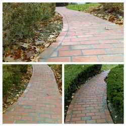 Laid thin brick pavers in mortar over concrete walkway